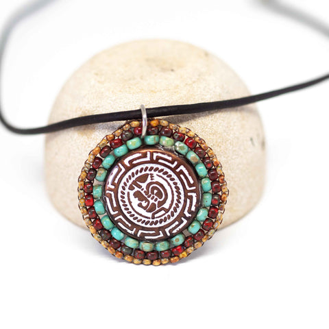 Large Round Boho Picasso Bead Stitched Stainless Steel Necklace