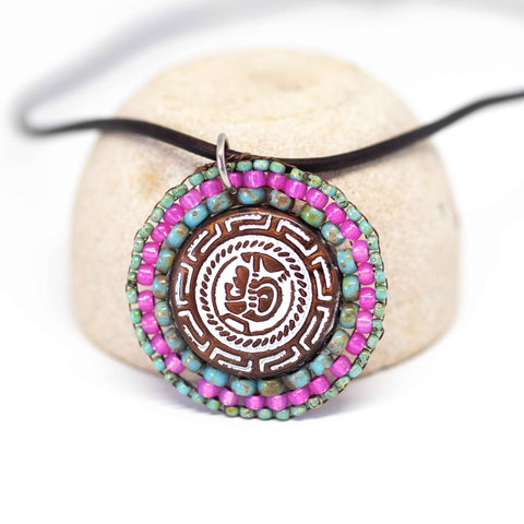 Large Round Turquoise Pink Bead Stitched Stainless Steel Necklace