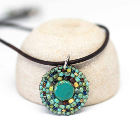 Round Turquoise Picasso Bead Stitched Stainless Steel Necklace