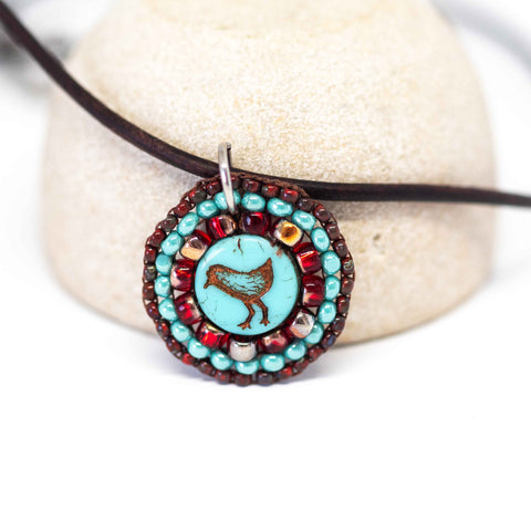 Round Blue Red Bead Stitched Birdie Stainless Steel Necklace NEW