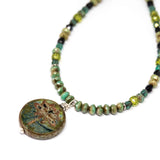 Rustic Green Sparkle Dragonfly Stainless Steel Necklace