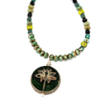 Rustic Green Sparkle Dragonfly Stainless Steel Necklace