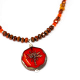 Rustic Red Orange Sparkle Dragonfly Stainless Steel Necklace