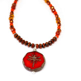 Rustic Red Orange Sparkle Dragonfly Stainless Steel Necklace