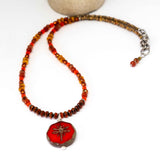 Rustic Red Orange Sparkle Dragonfly Stainless Steel Necklace