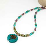 Rustic Turquoise Sparkle Dragonfly Stainless Steel Necklace