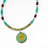 Rustic Turquoise Sparkle Sun Stainless Steel Necklace