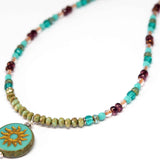 Rustic Turquoise Sparkle Sun Stainless Steel Necklace