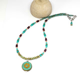 Rustic Turquoise Sparkle Sun Stainless Steel Necklace