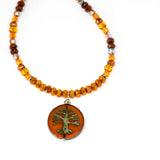 Rustic Orange Sparkle Tree Of Life Stainless Steel Necklace