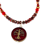 Rustic Red Sparkle Tree Of Life Stainless Steel Necklace