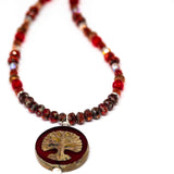 Rustic Red Sparkle Tree Of Life Stainless Steel Necklace