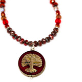 Rustic Red Sparkle Tree Of Life Stainless Steel Necklace