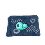 Blue Retro Denim Sashiko Zipper Large Pouch V1