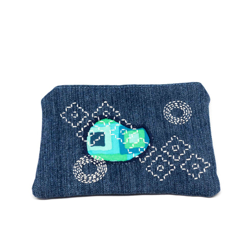 Blue Retro Denim Sashiko Zipper Large Pouch V1