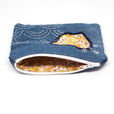 Vintage Floral Yellow Denim Sashiko Zipper Large Pouch