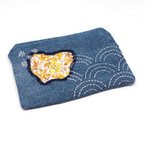 Vintage Floral Yellow Denim Sashiko Zipper Large Pouch