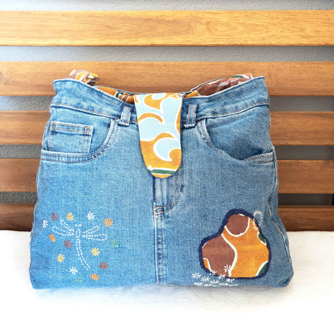 Antique Floral Orange Medium Denim Recycled Slouch Bag