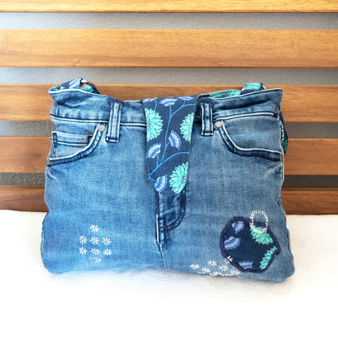 Purple Mint Floral Small Denim Recycled Slouch Bag