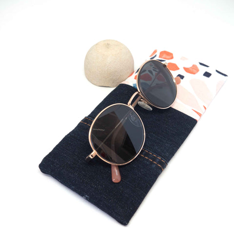 Navy Orange Floral Denim Soft Glasses Case