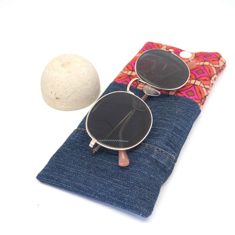 Red Geometric Denim Soft Glasses Case