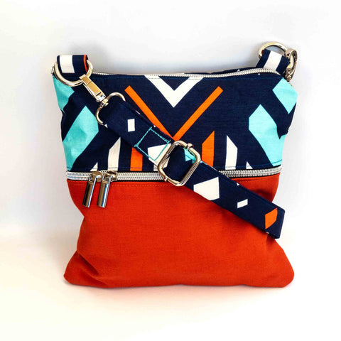 Navy Orange Geometric Harper Recycled Cross Body Bag