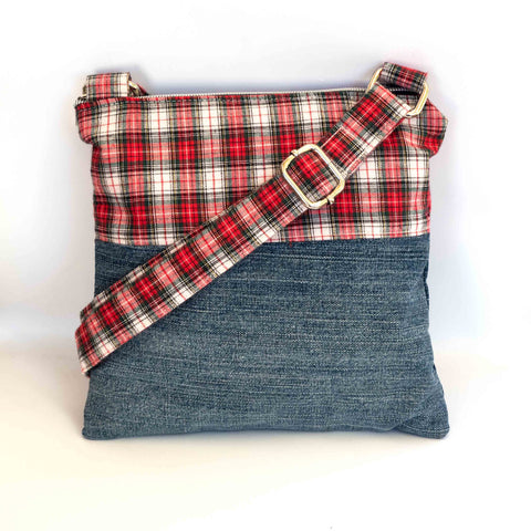 Red Plaid Denim Saffron Recycled Cross Body Bag