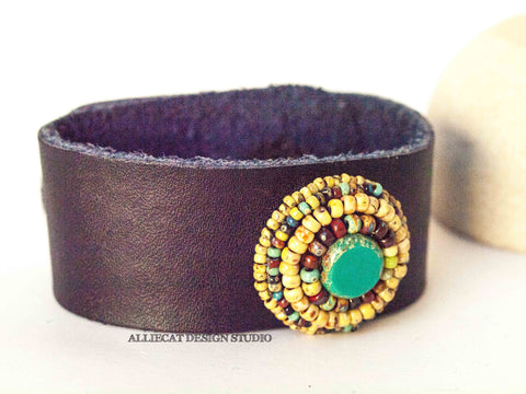 Yellow Circle Leather Cuff