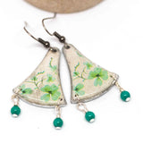 Recycled Rustic Resin Metal Green Clover Abstract Shape Earrings