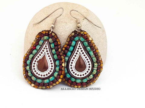 Tribal Picasso Bead Stitched Teardrop Earrings