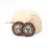 Denim Blue Bead Stitched Round Birdie Earrings