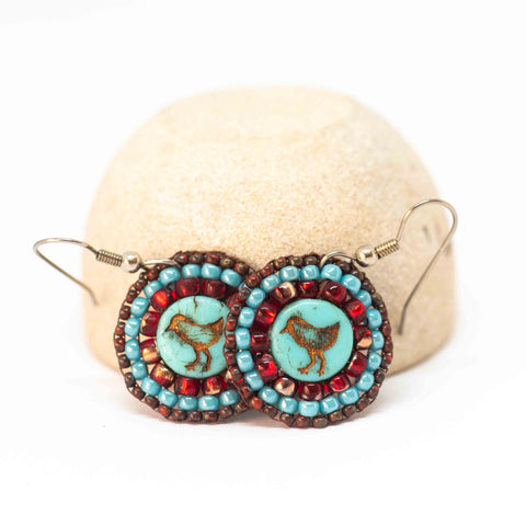 Turquoise Red Bead Stitched Round Birdie Earrings