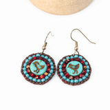 Turquoise Red Bead Stitched Round Birdie Earrings
