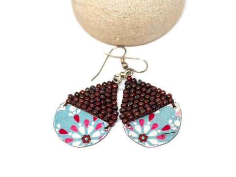 Recycled Metal Red Blue Floral Teardrop Earrings