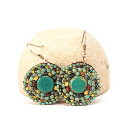 Turquoise Green Picasso Bead Stitched Round Earrings