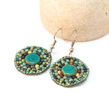 Turquoise Green Picasso Bead Stitched Round Earrings