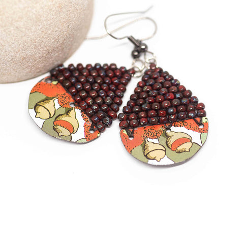 Recycled Metal Gumnut Babies Red Flower Teardrop Earrings