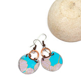 Recycled Metal Blue Pink Floral Half Moon Copper Earrings
