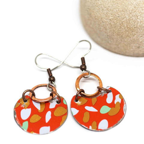 Recycled Metal Orange Tiger Half Moon Copper Earrings