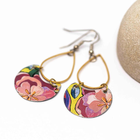 Recycled Metal Pink Floral Half Moon Teardrop Earrings