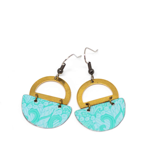 Light Blue Recycled Metal Brass Half Moon Earrings