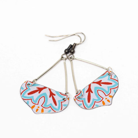 Abstract Blue Red Moroccan Recycled Metal Dangle Earrings