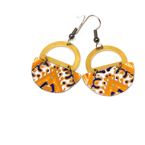 Orange Recycled Metal Brass Half Moon Earrings