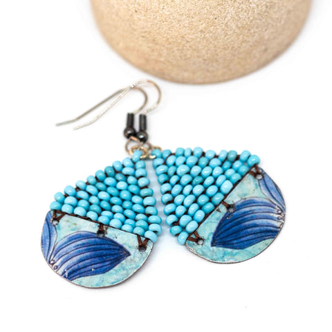 Recycled Metal Blue Leaf Teardrop Earrings