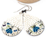 Recycled Metal White Blue Flowers Teardrop Earrings