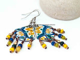 Recycled Metal Triangle White Yellow Blue Tribal Dangle Earrings