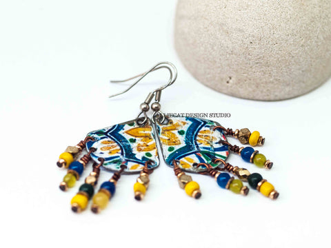 Recycled Metal Triangle White Yellow Blue Tribal Dangle Earrings
