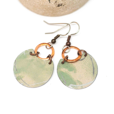 Recycled Metal Pale Green Half Moon Copper Earrings