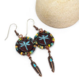 Dark Red Blue Picasso Dragonfly Feather Earrings