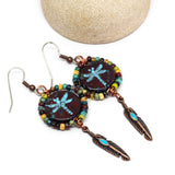 Dark Red Blue Picasso Dragonfly Feather Earrings